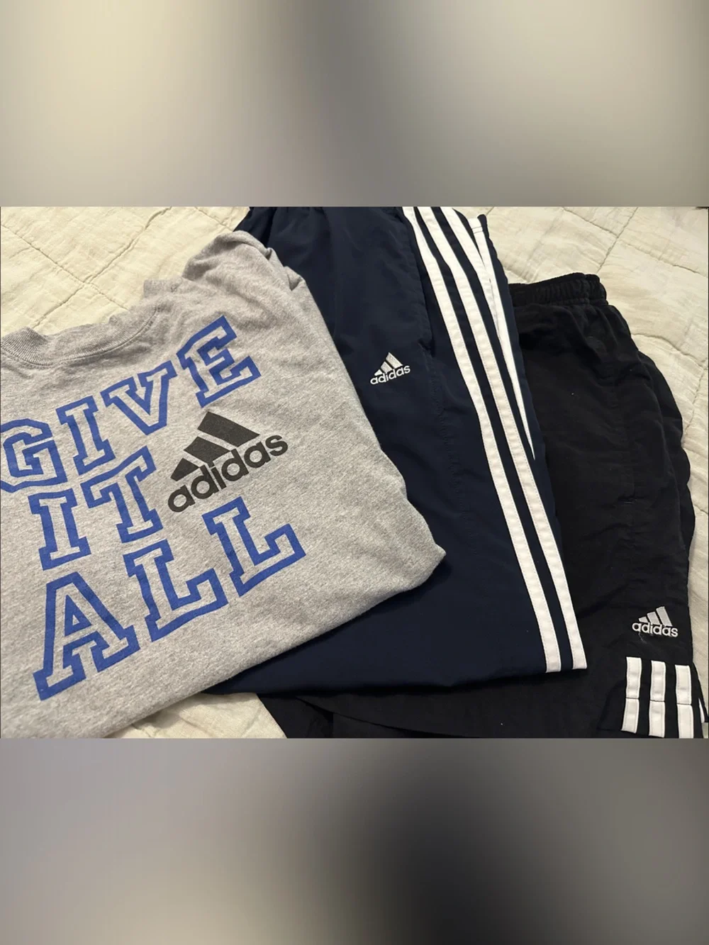 Bundle adidas Grey TeeXL with Blue Print + Navy Stripe Track Pants and shorts